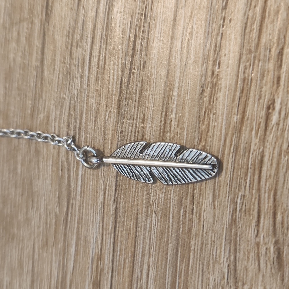 Turquoise Stone and Silver Feather Necklace - Picture 6 of 11